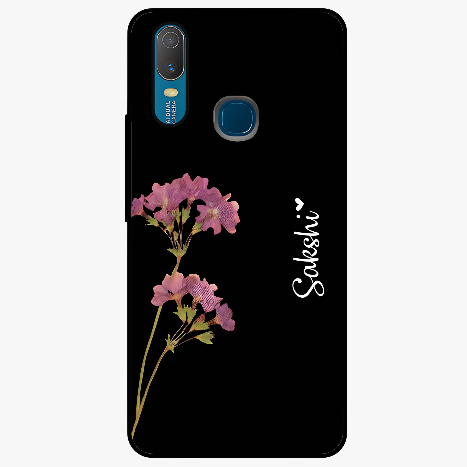 Riching Lavender Flower Custom Name Glass Case showing flat back view with lavender floral artwork and personalized name design.