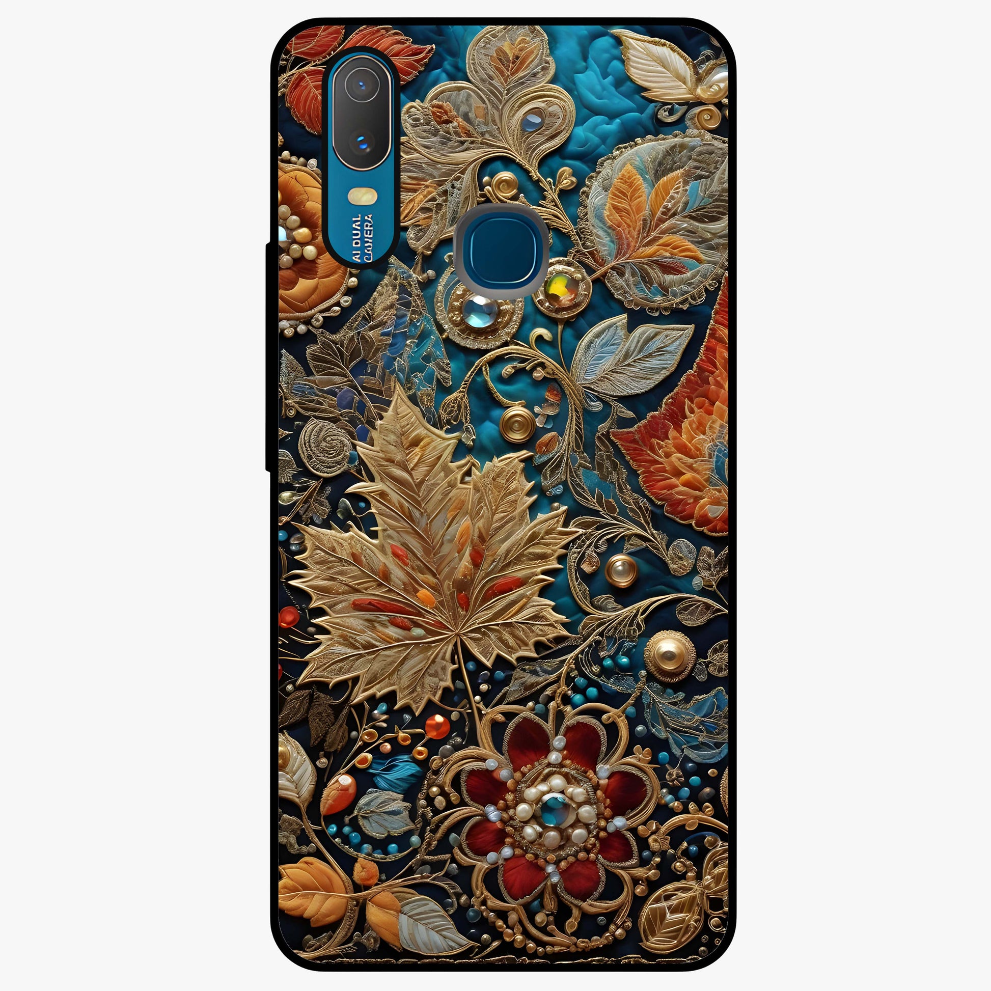 Royal Jewel Garden Glass Case showing flat back view with decorative floral garden artwork and glossy glass finish.