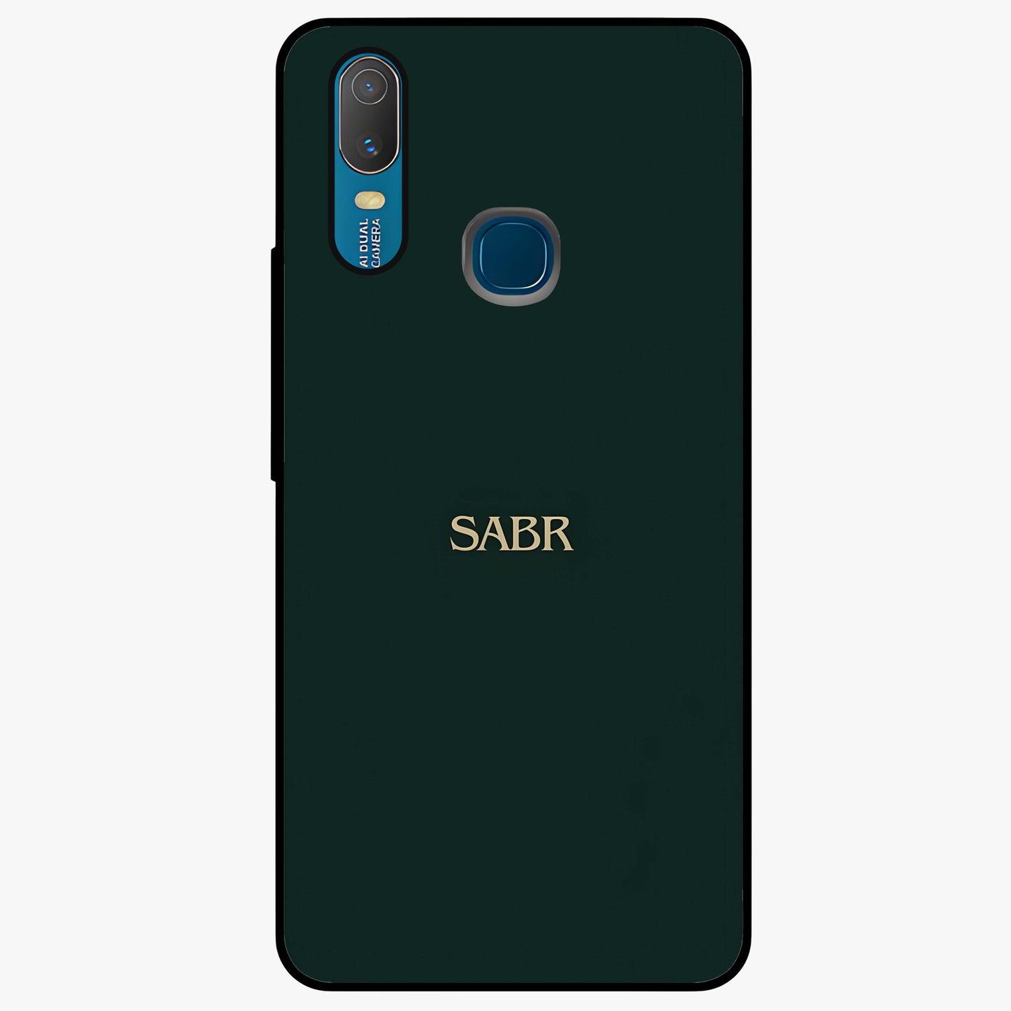 Sabr Minimal Patience Glass Case showing flat back view with minimalist typography artwork and glossy glass finish.