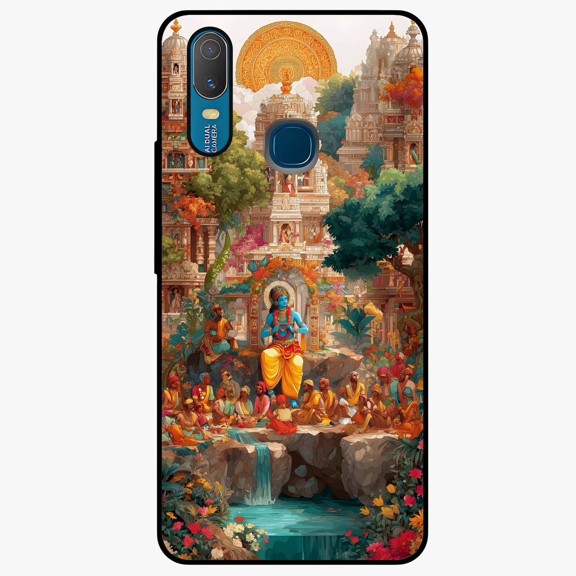 Sacred Sunlight Gods Glass Case showing flat back view with divine sunlight themed artwork and glossy glass finish.