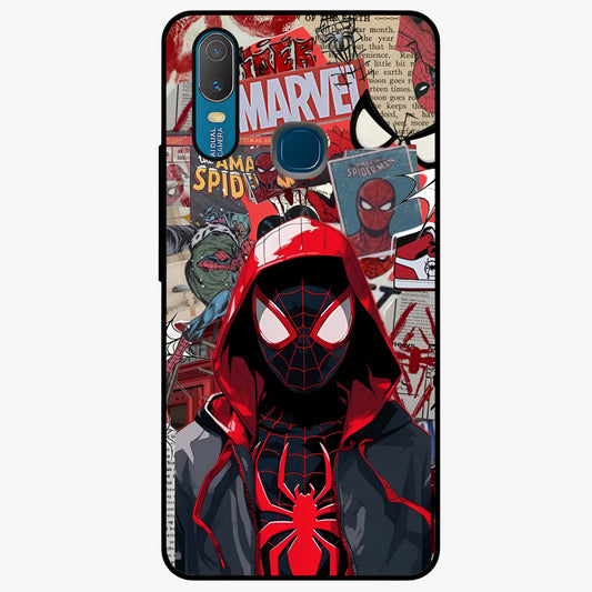 Spider Collage Street Glass Case showing flat back view with vibrant superhero collage artwork and glossy glass finish.