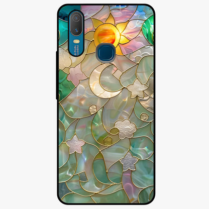 Stained Sunrise Glow Glass Case showing flat back view with glowing sunrise stained pattern artwork and glossy glass finish.