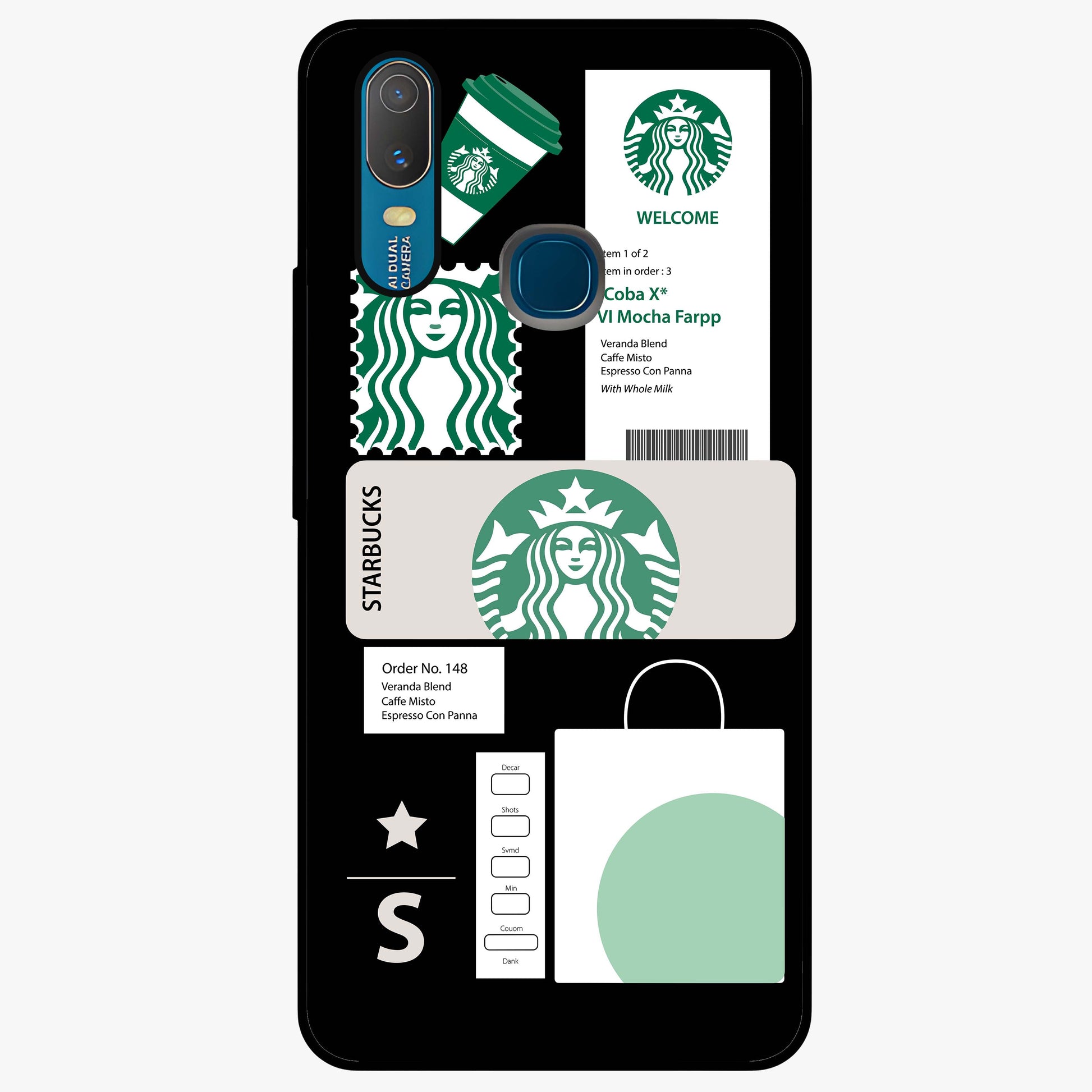 Starbucks Mocha Glass Case showing flat back view with coffee inspired artwork and glossy glass finish.