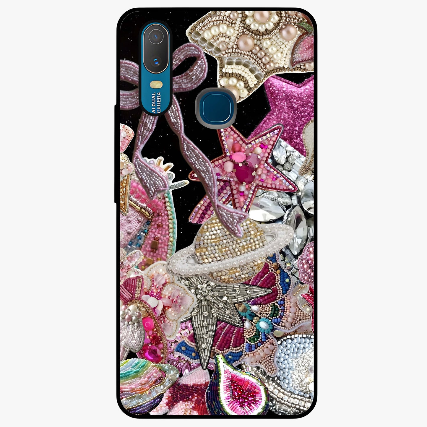 Starlit Jewel Dream Glass Case showing flat back view with sparkling jewel and star themed artwork and glossy glass finish.