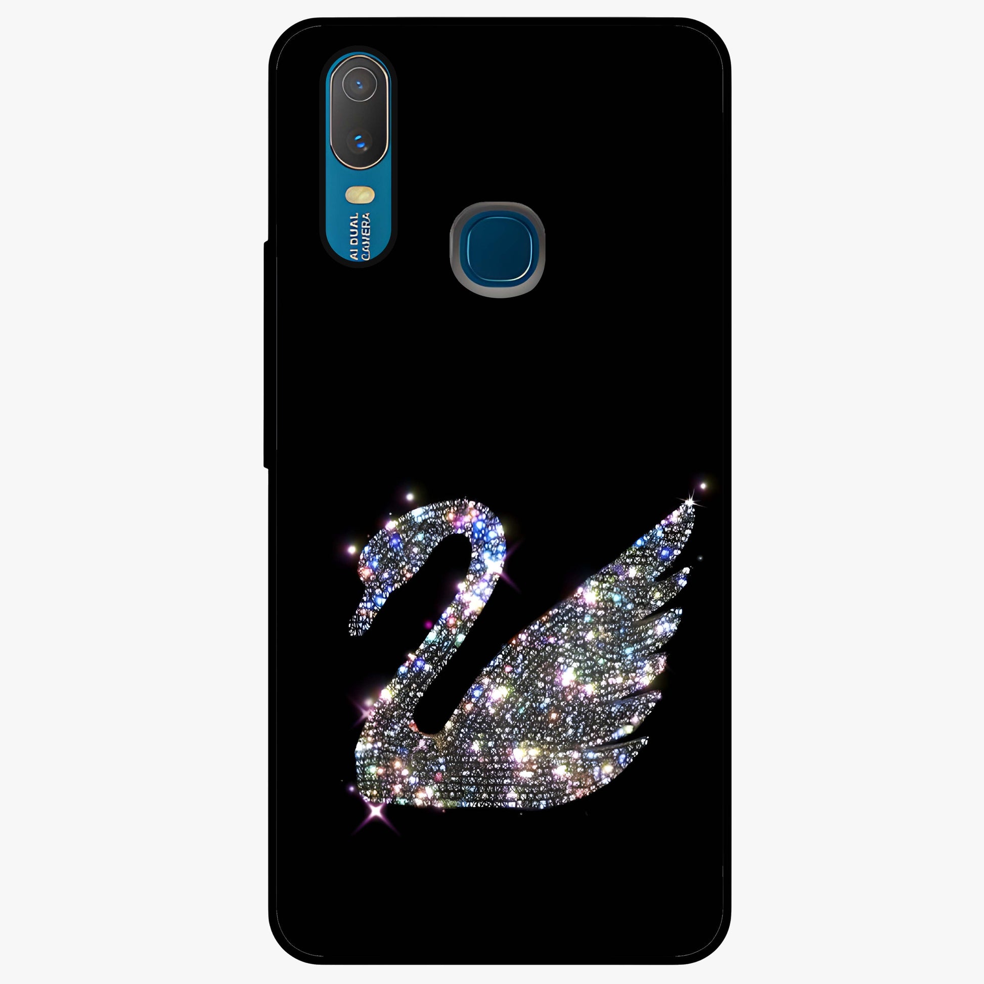 Starlit Swan Grace Glass Case showing flat back view with graceful swan artwork under starry sky and glossy glass finish.