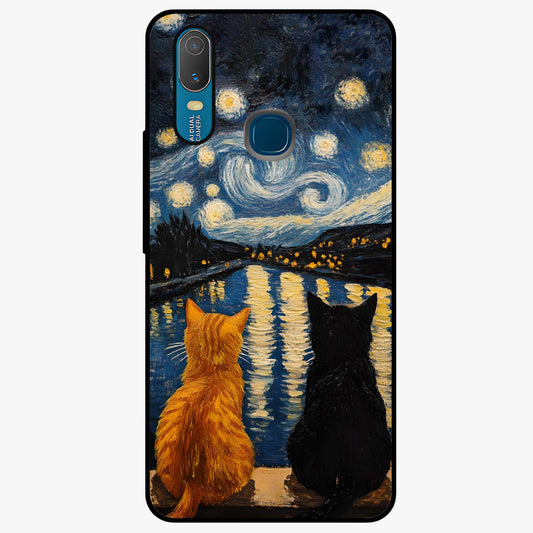 Starry River Cats Glass Case showing flat back view with cats by a starry river artwork and glossy glass finish.
