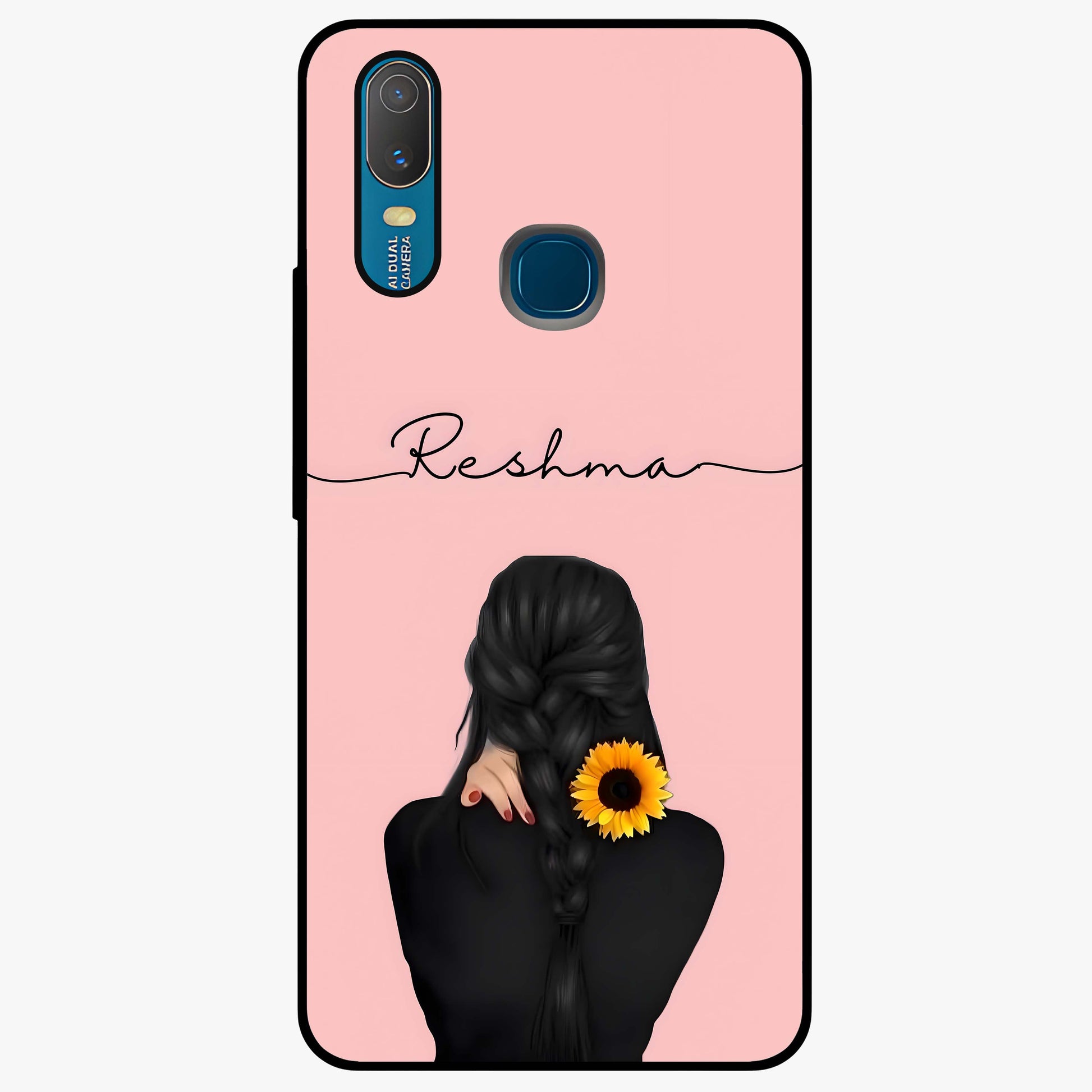 Sunflower Braid Beauty With Custom Name Glass Case showing flat back view with sunflower braid artwork and personalized name design.