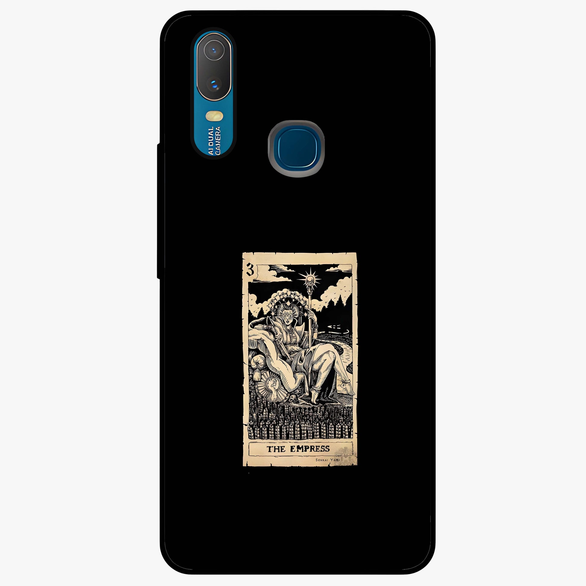 The Empress Glass Case showing flat back view with regal feminine artwork and glossy glass finish.