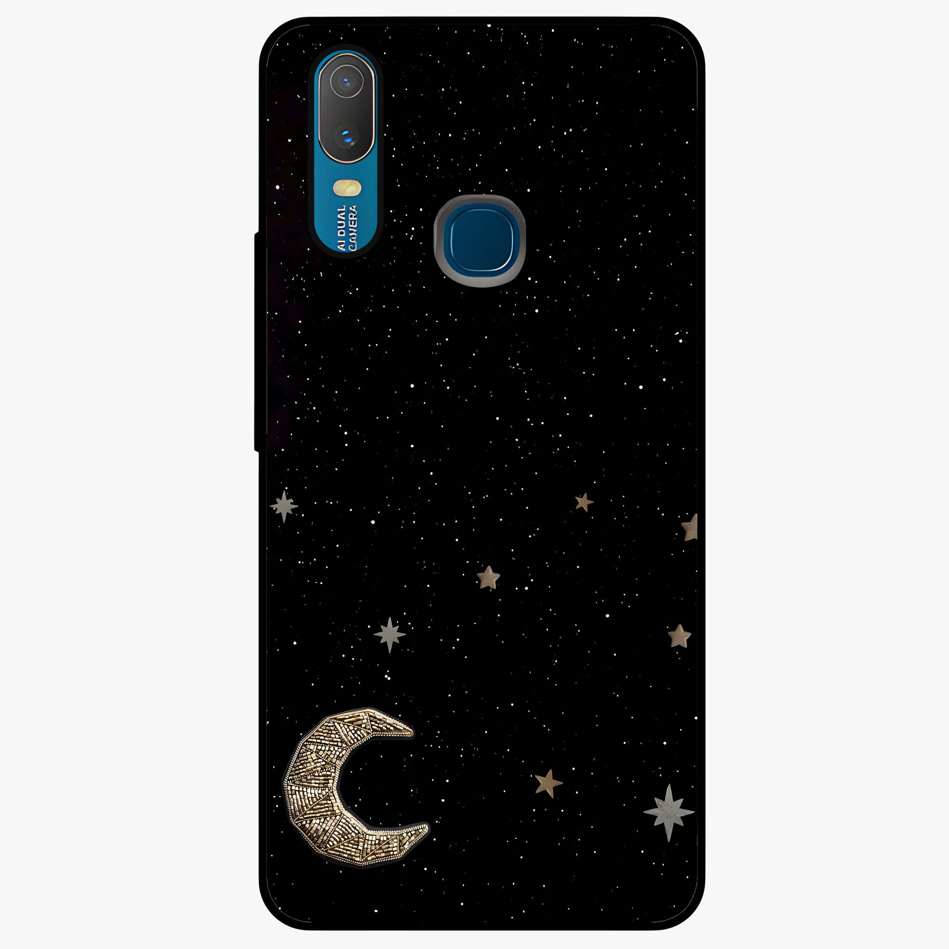 Twinkle Star With Half Moon Glass Case showing flat back view with star and half moon artwork and glossy glass finish.