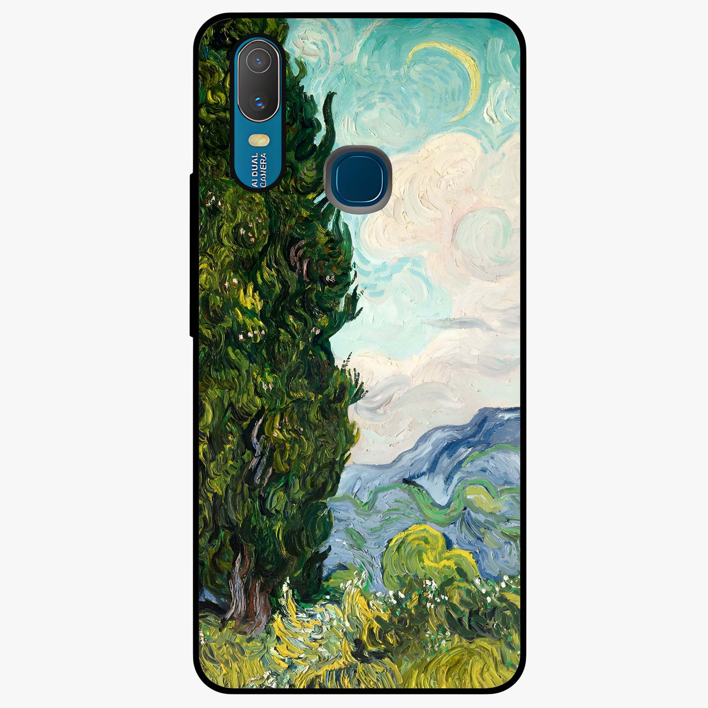 Van Gogh Vintage Art Glass Case showing flat back view with vintage painterly artwork inspired by Van Gogh style and glossy glass finish.