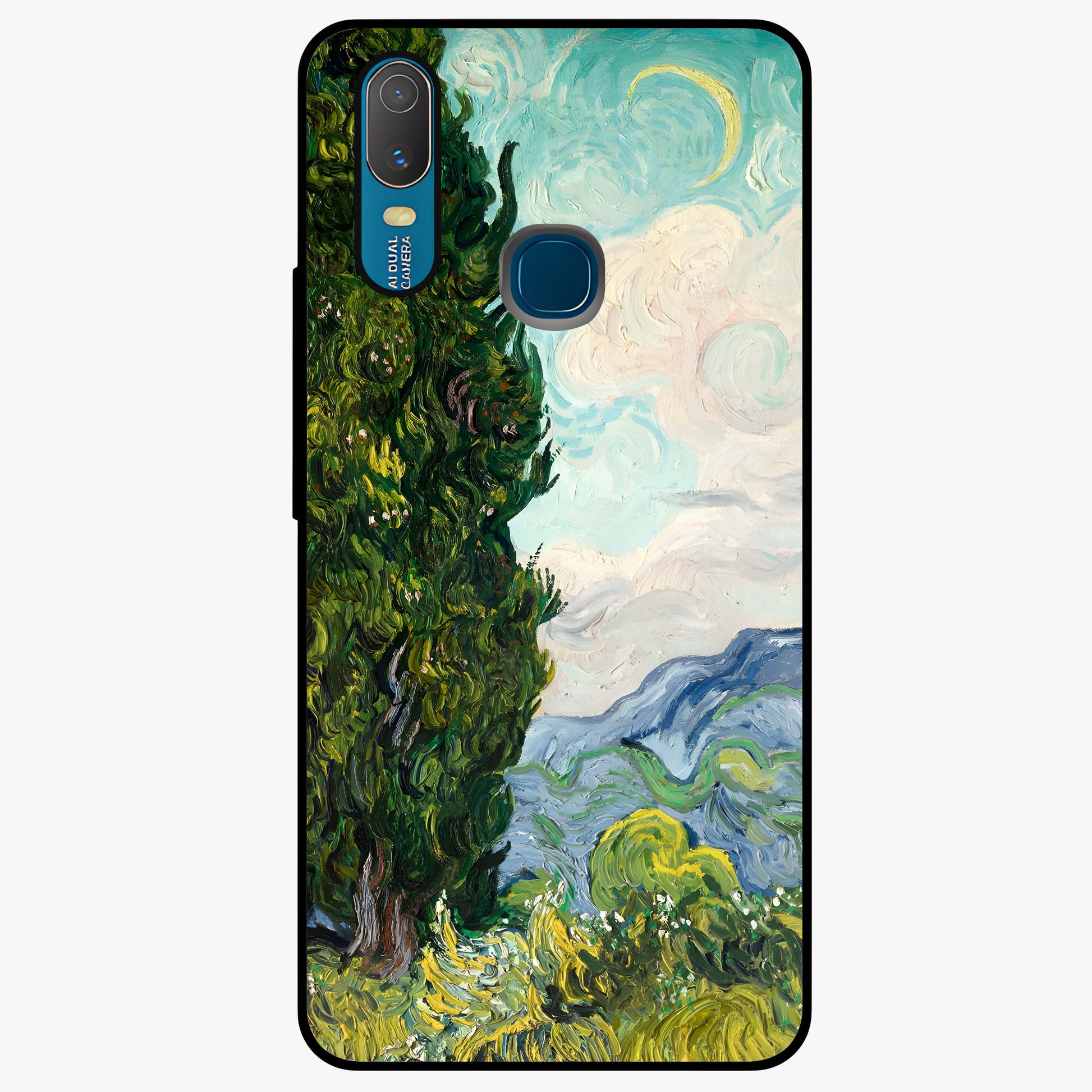 Van Gogh Vintage Art Glass Case showing flat back view with vintage painterly artwork inspired by Van Gogh style and glossy glass finish.