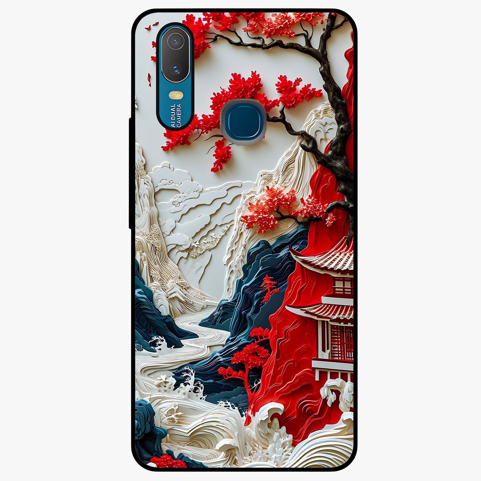 Whispers Of Sakura Waves Glass Case showing flat back view with cherry blossom wave artwork and glossy glass finish.