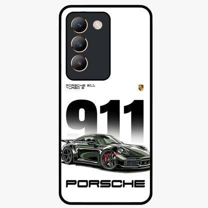 911 Turbo Dominance Glass Case showing clean flat back view with bold 911 sports car artwork and glossy glass finish.