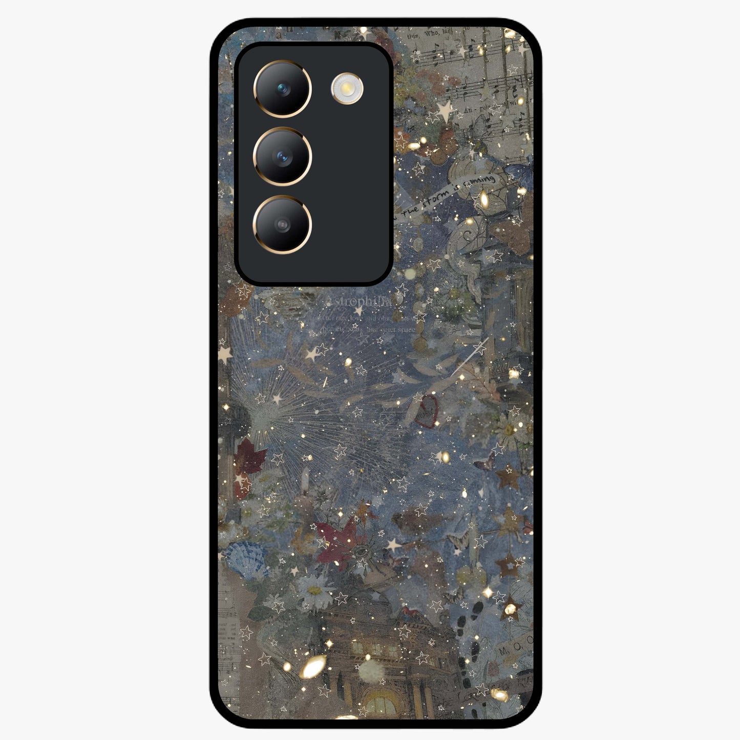 Aesthetic Astrolophia Glass Case showing flat back view with dreamy aesthetic design and glossy glass finish.