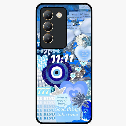 Aesthetic Be Kind Eye Glass Case showing flat back view with motivational eye artwork and glossy glass finish.