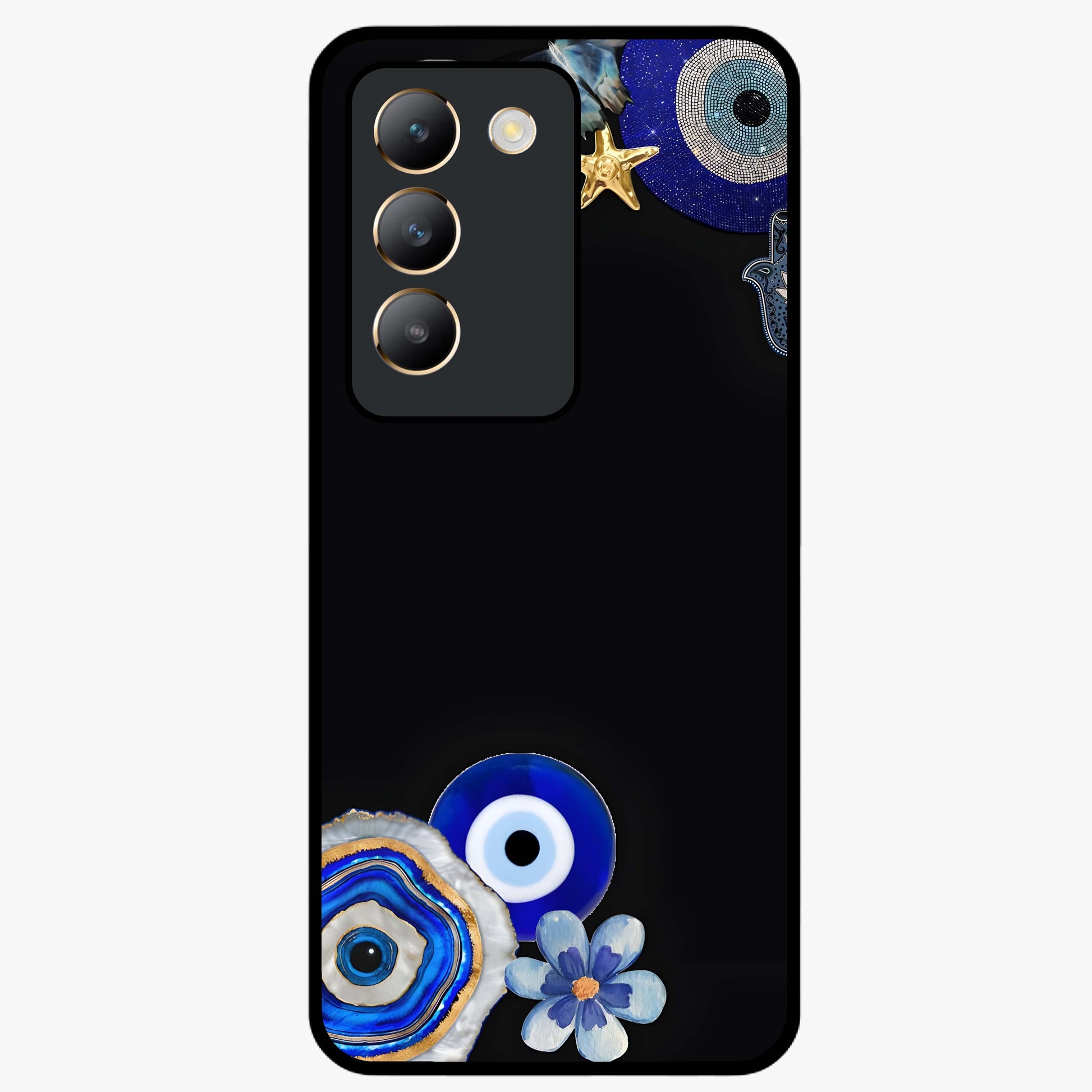 Aesthetic Blue Evil Eye Glass Case showing flat back view with protective evil eye artwork and glossy glass finish.