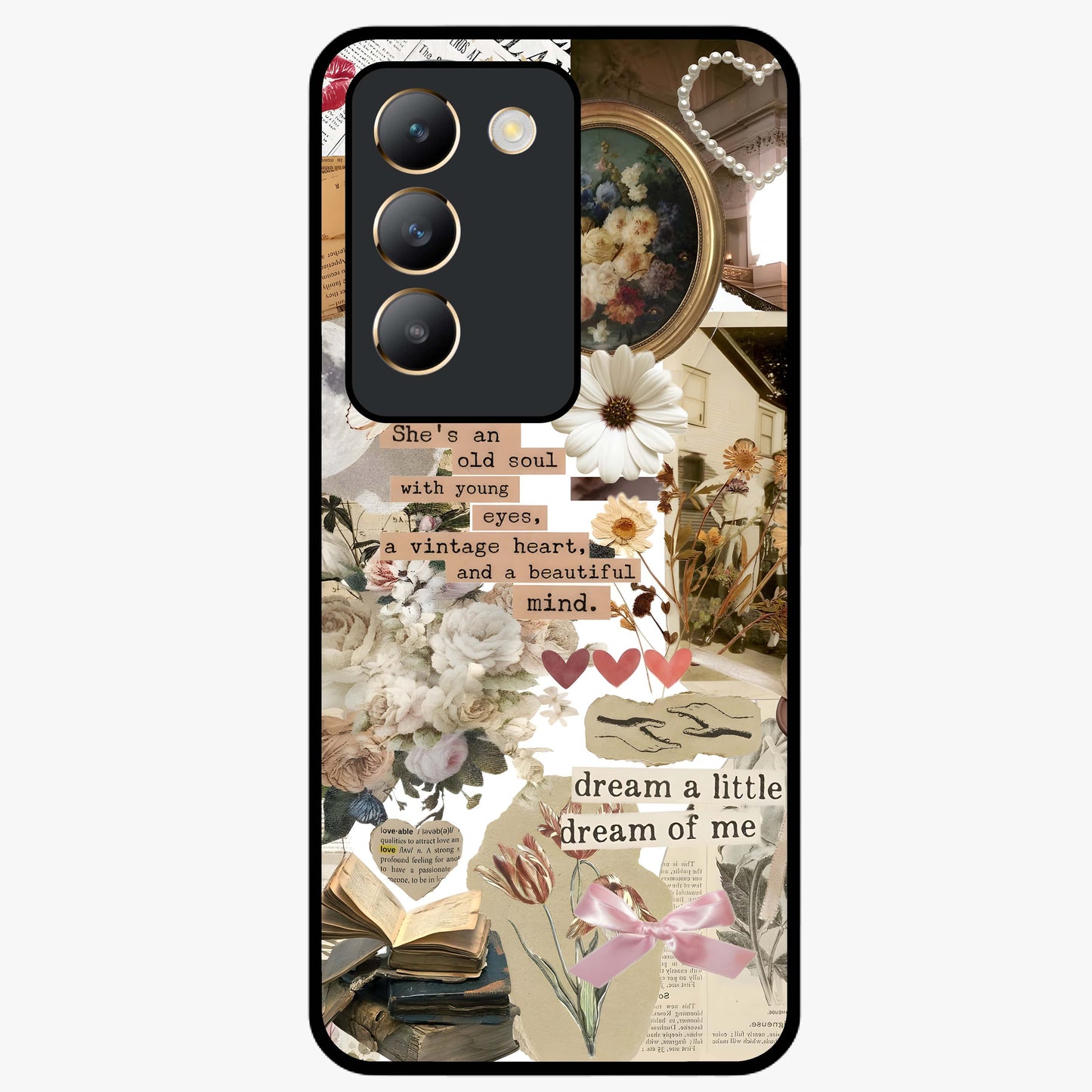 Aesthetic Brown Vintage Collage Glass Case showing flat back view with retro collage artwork and glossy glass finish.
