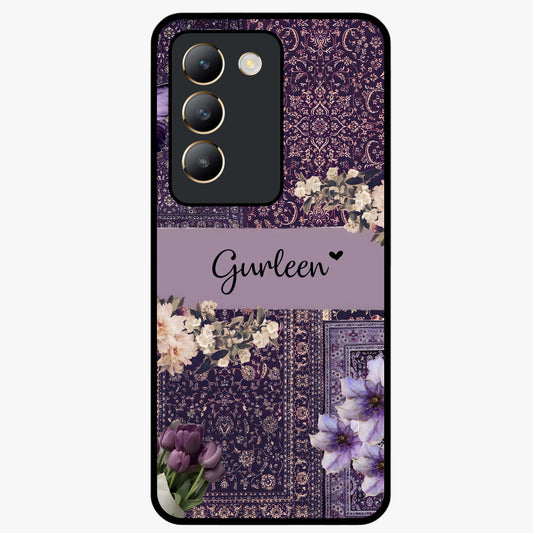 Antique Floral Whisper Custom Name Glass Case showing flat back view with vintage floral artwork and personalized name design.