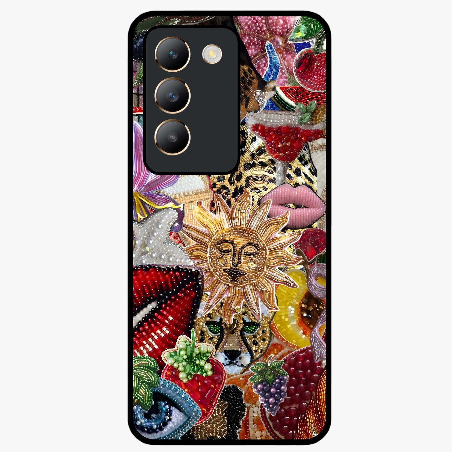 Beaded Fashion Jungle Glass Case showing flat back view with vibrant jungle inspired bead artwork and glossy glass finish.