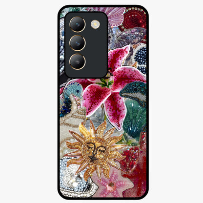 Beaded Garden Fantasy Glass Case showing flat back view with dreamy garden bead artwork and glossy glass finish.