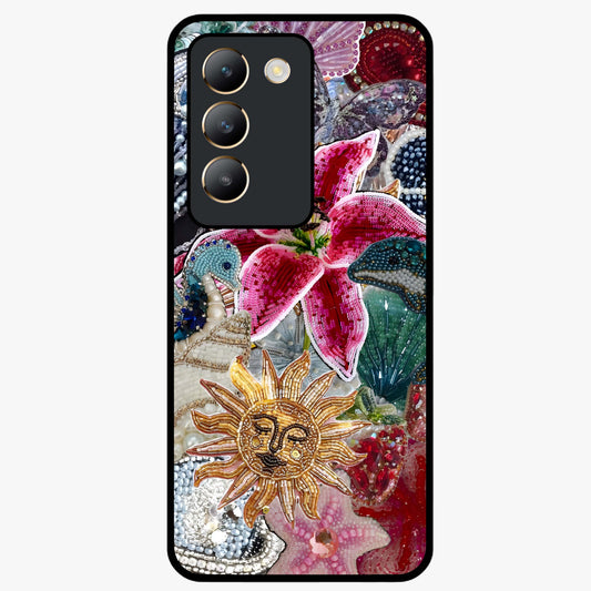 Beaded Garden Fantasy Glass Case showing flat back view with dreamy garden bead artwork and glossy glass finish.