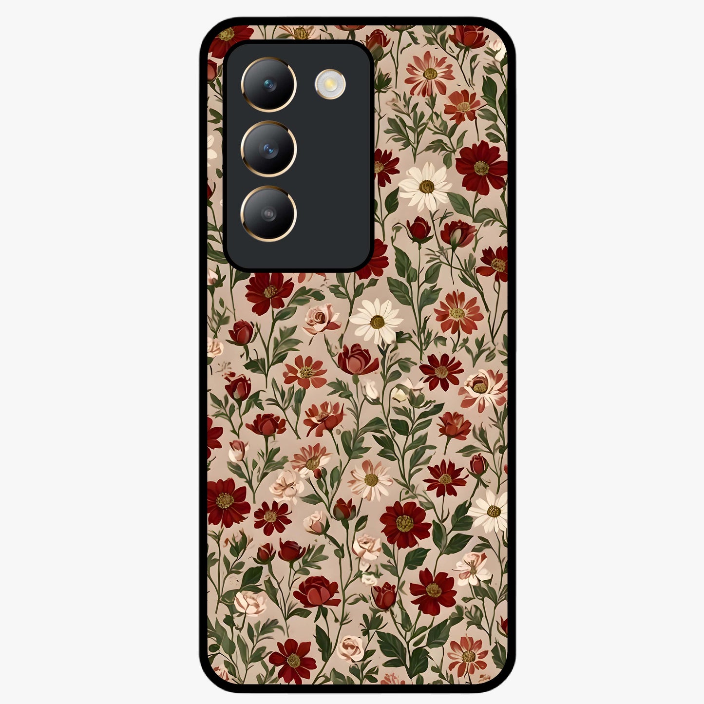 Biege Flower With Leaf Glass Case showing flat back view with soft beige floral artwork and glossy glass finish.