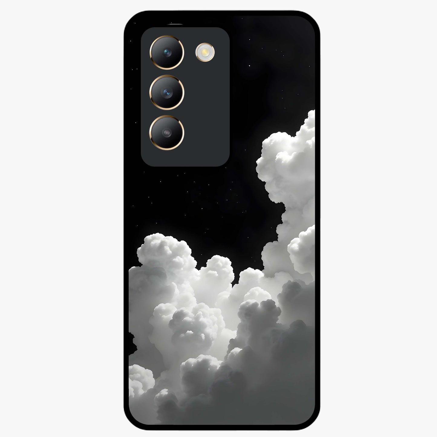 Black Background With White Cloud Glass Case showing flat back view with minimal cloud artwork on dark background and glossy glass finish.