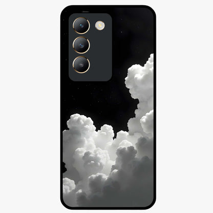 Black Background With White Cloud Glass Case showing flat back view with minimal cloud artwork on dark background and glossy glass finish.
