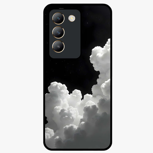 Black Background With White Cloud Glass Case showing flat back view with minimal cloud artwork on dark background and glossy glass finish.