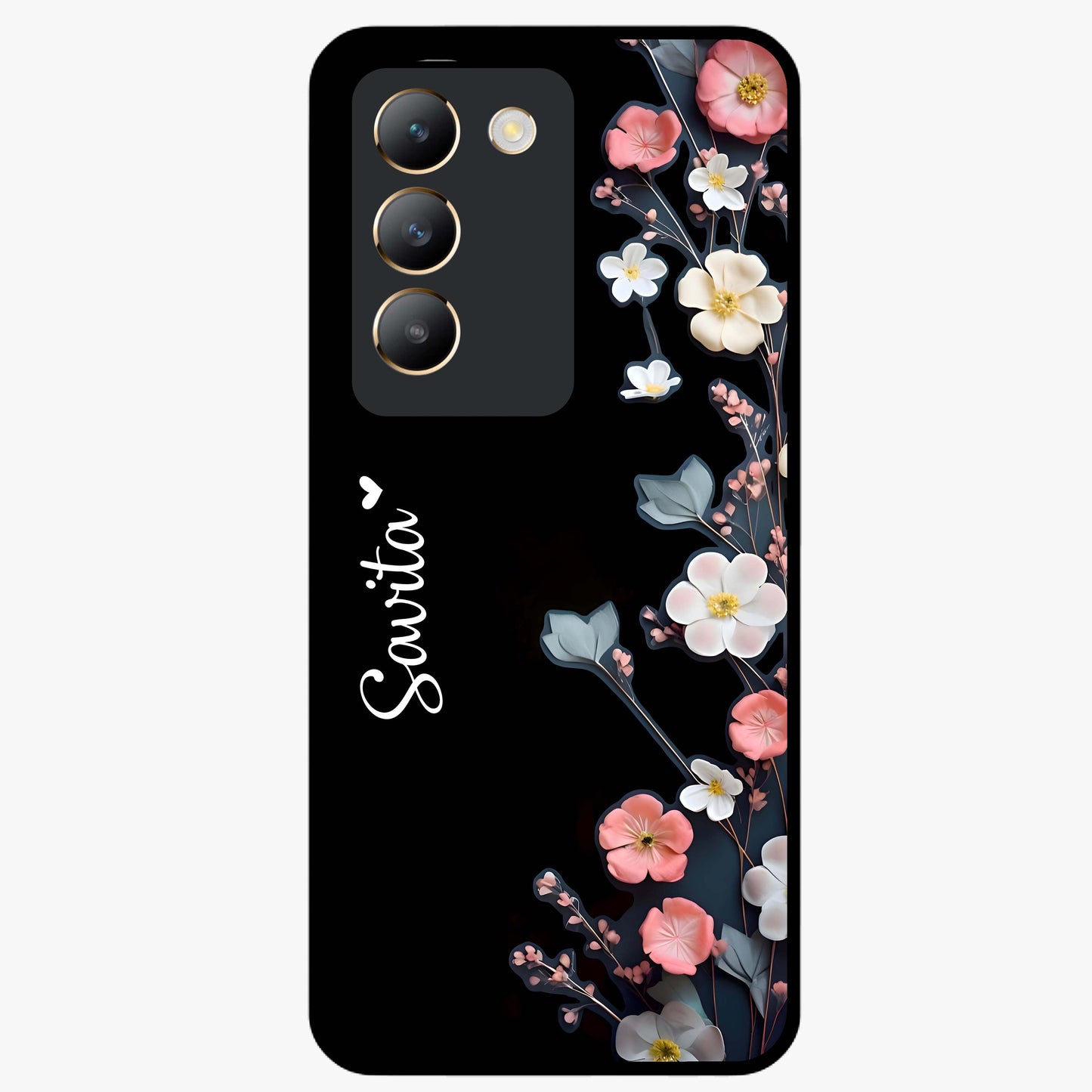 Black Elegance Floral Custom Name Glass Case showing flat back view with elegant floral artwork and personalized name design.