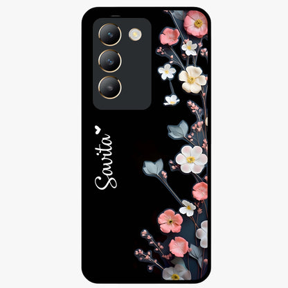 Black Elegance Floral Custom Name Glass Case showing flat back view with elegant floral artwork and personalized name design.