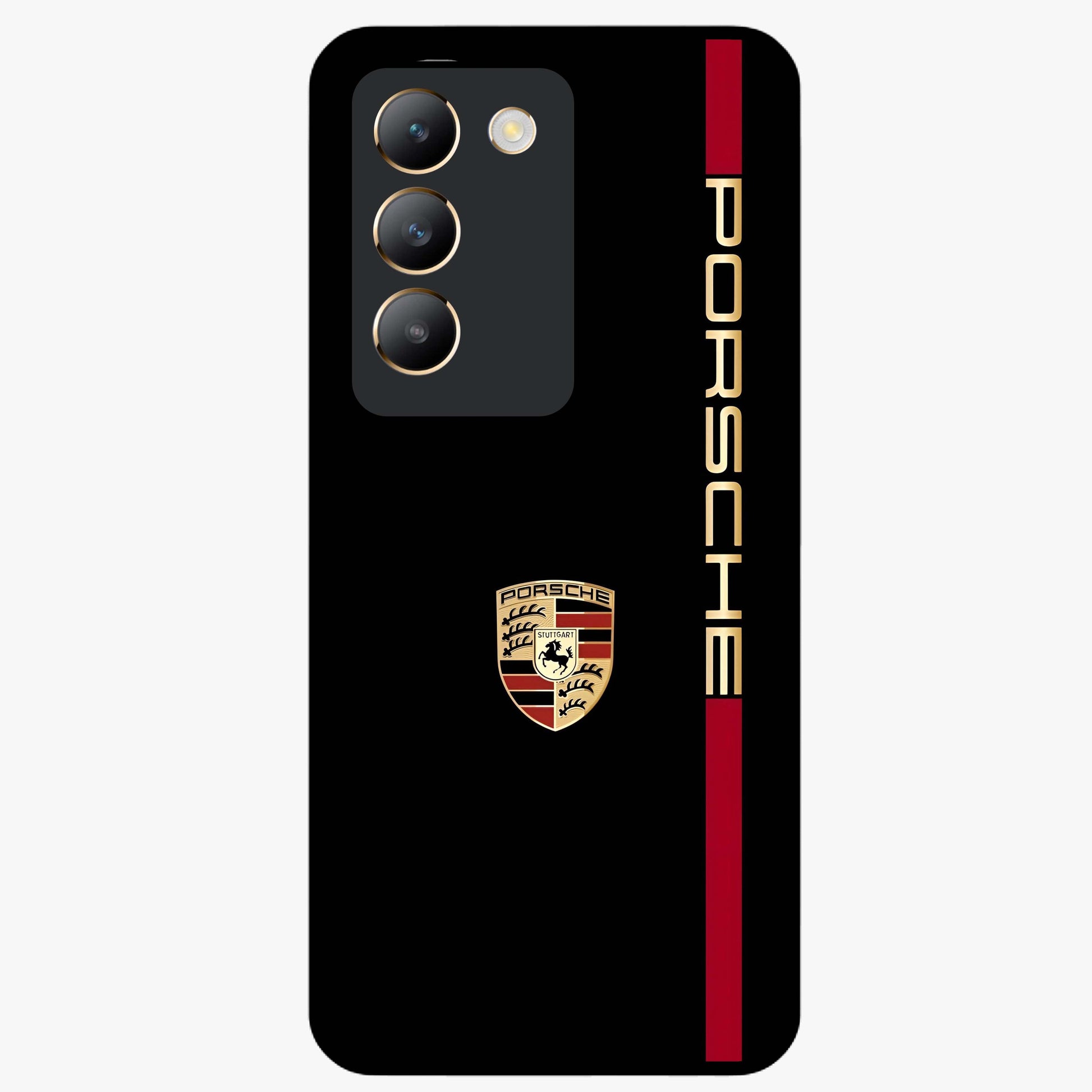 Black Minimal Porsche Glass Case showing flat back view with sleek minimal sports car artwork and glossy glass finish.