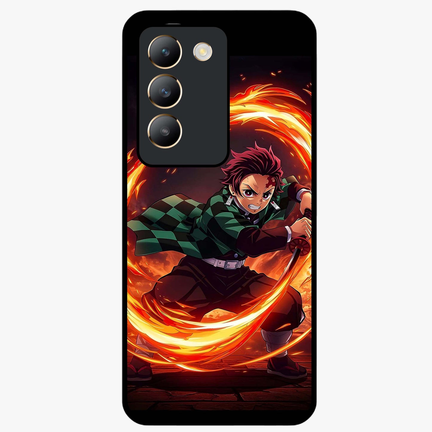 Blazing Sword Resolve Glass Case showing flat back view with fiery sword artwork and glossy glass finish.