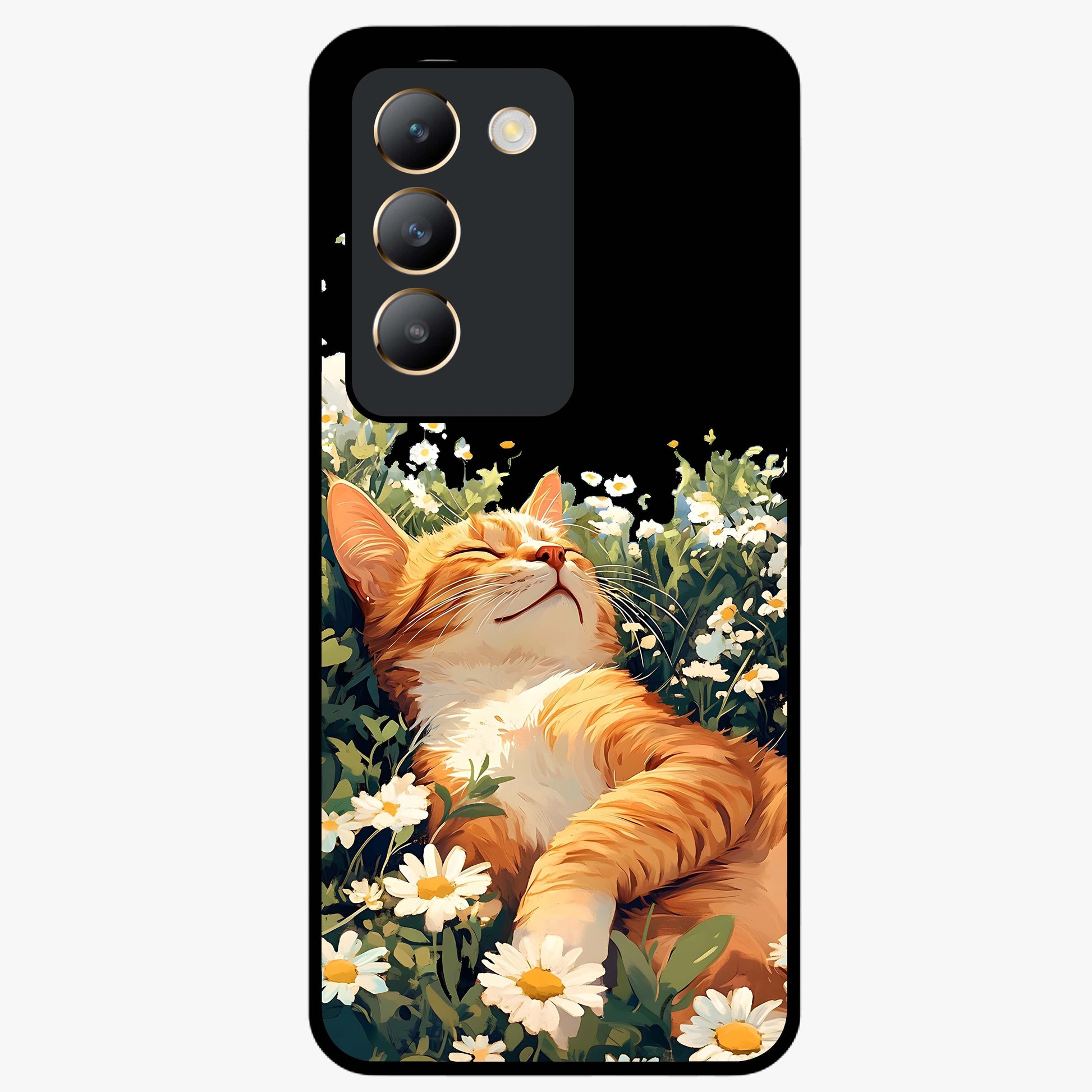 Blissful Bloom Cat Glass Case showing flat back view with cute cat and floral bloom artwork and glossy glass finish.