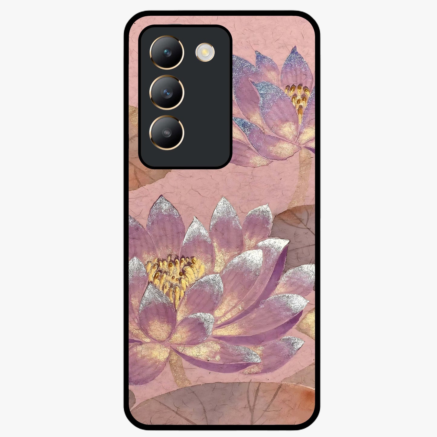 Blossom Mist Lotus Glass Case showing flat back view with serene lotus blossom artwork and glossy glass finish.