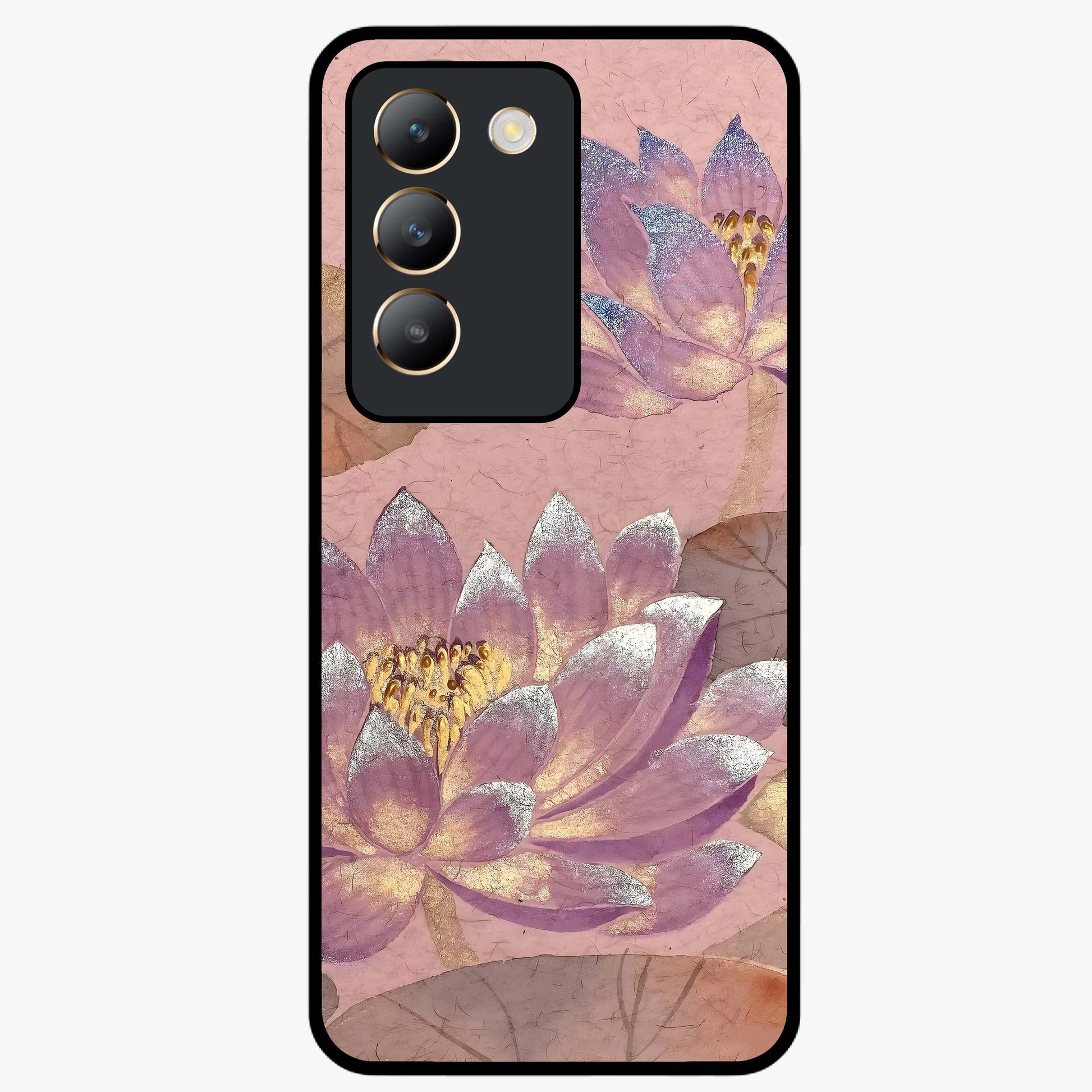 Blossom Mist Lotus Glass Case showing flat back view with serene lotus blossom artwork and glossy glass finish.