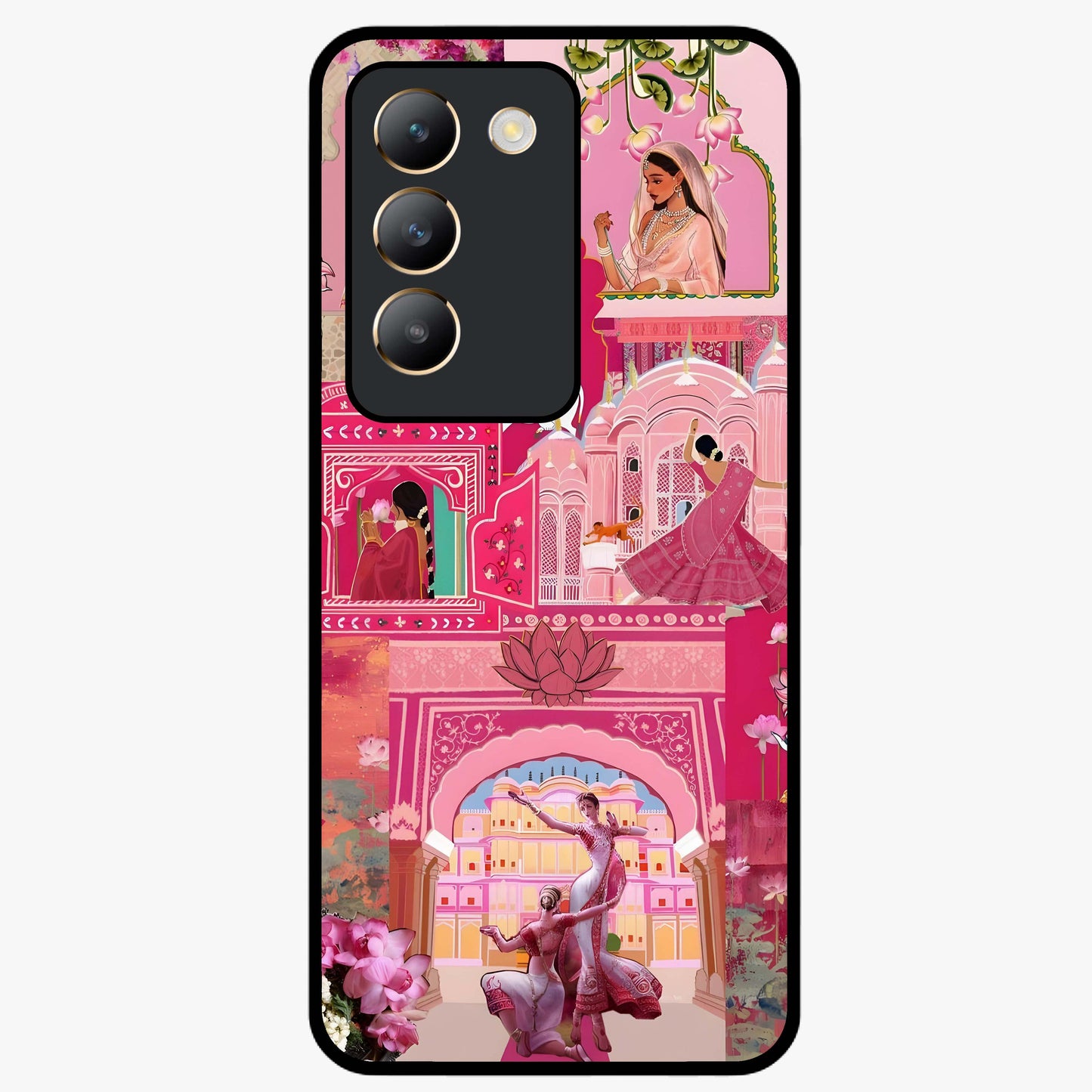 Blossoms of Rajasthan Glass Case showing flat back view with traditional floral artwork inspired by Rajasthan and glossy glass finish.