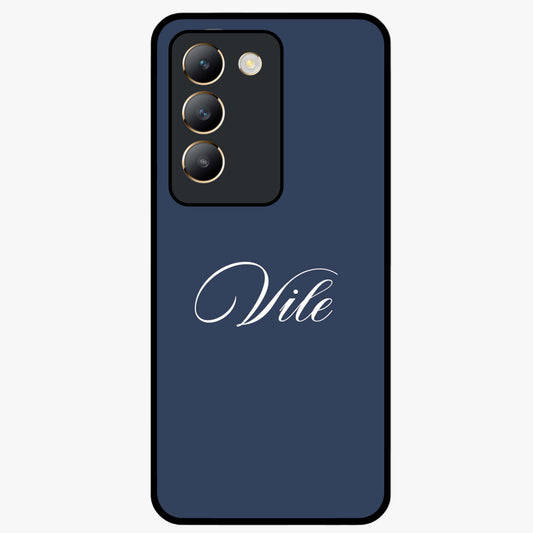 Blue Background Personalized Custom Name Glass Case showing flat back view with minimal blue background and custom name design.
