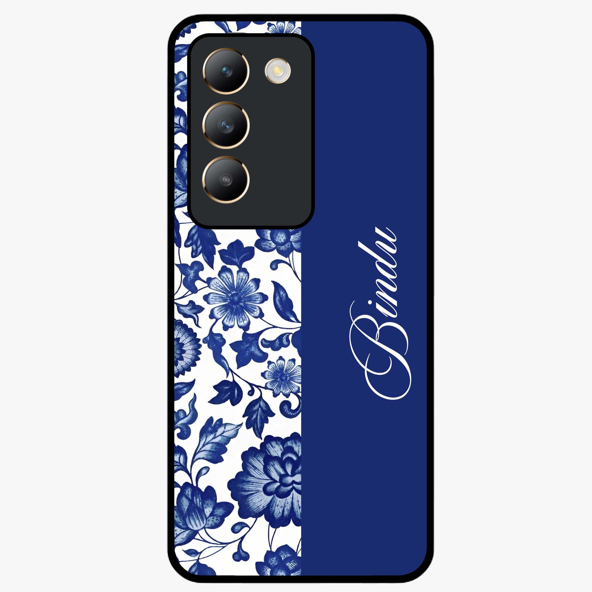 Blue Vintage Floral Pattern Glass Case upright view showcasing timeless floral illustration with vintage inspired style.