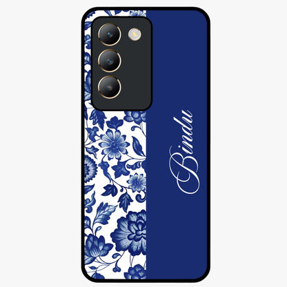 Blue Vintage Floral Pattern Glass Case upright view showcasing timeless floral illustration with vintage inspired style.