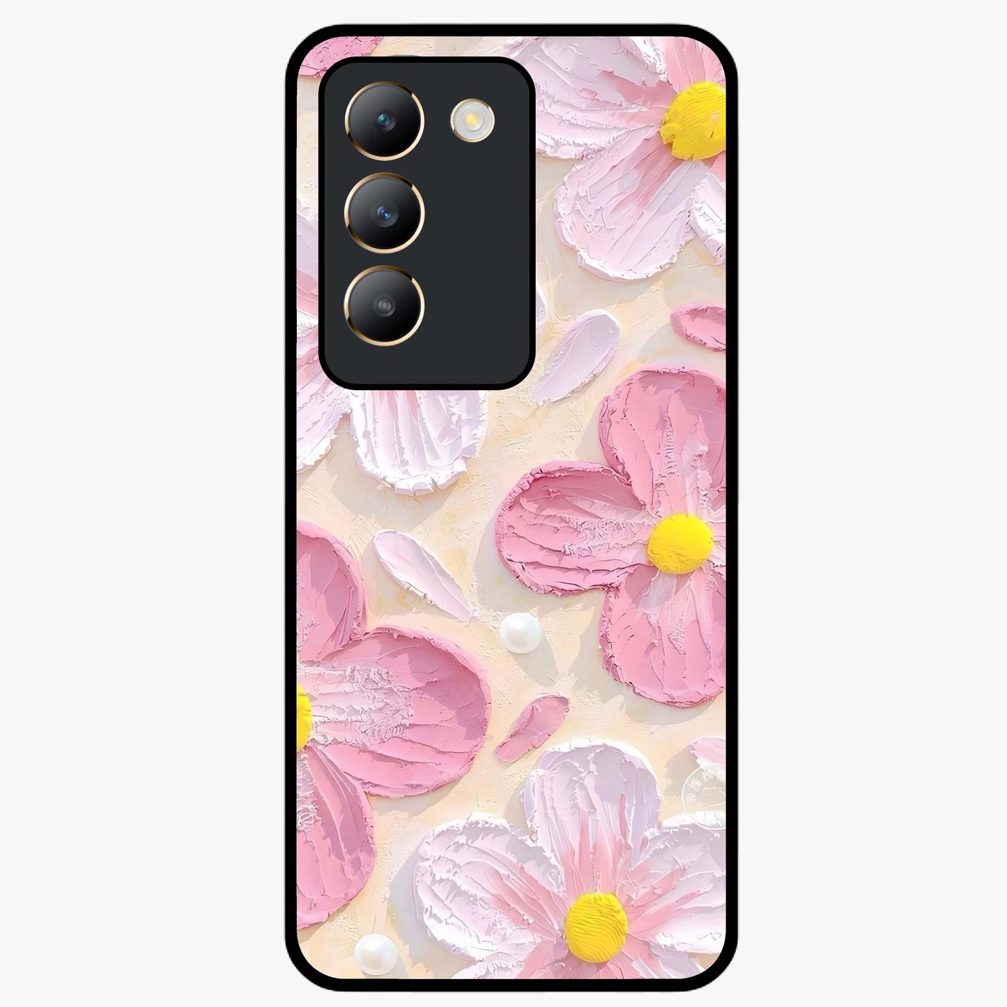 Blush Bloom Texture Glass Case showing flat back view with soft blush floral texture artwork and glossy glass finish.