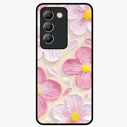 Blush Bloom Texture Glass Case showing flat back view with soft blush floral texture artwork and glossy glass finish.