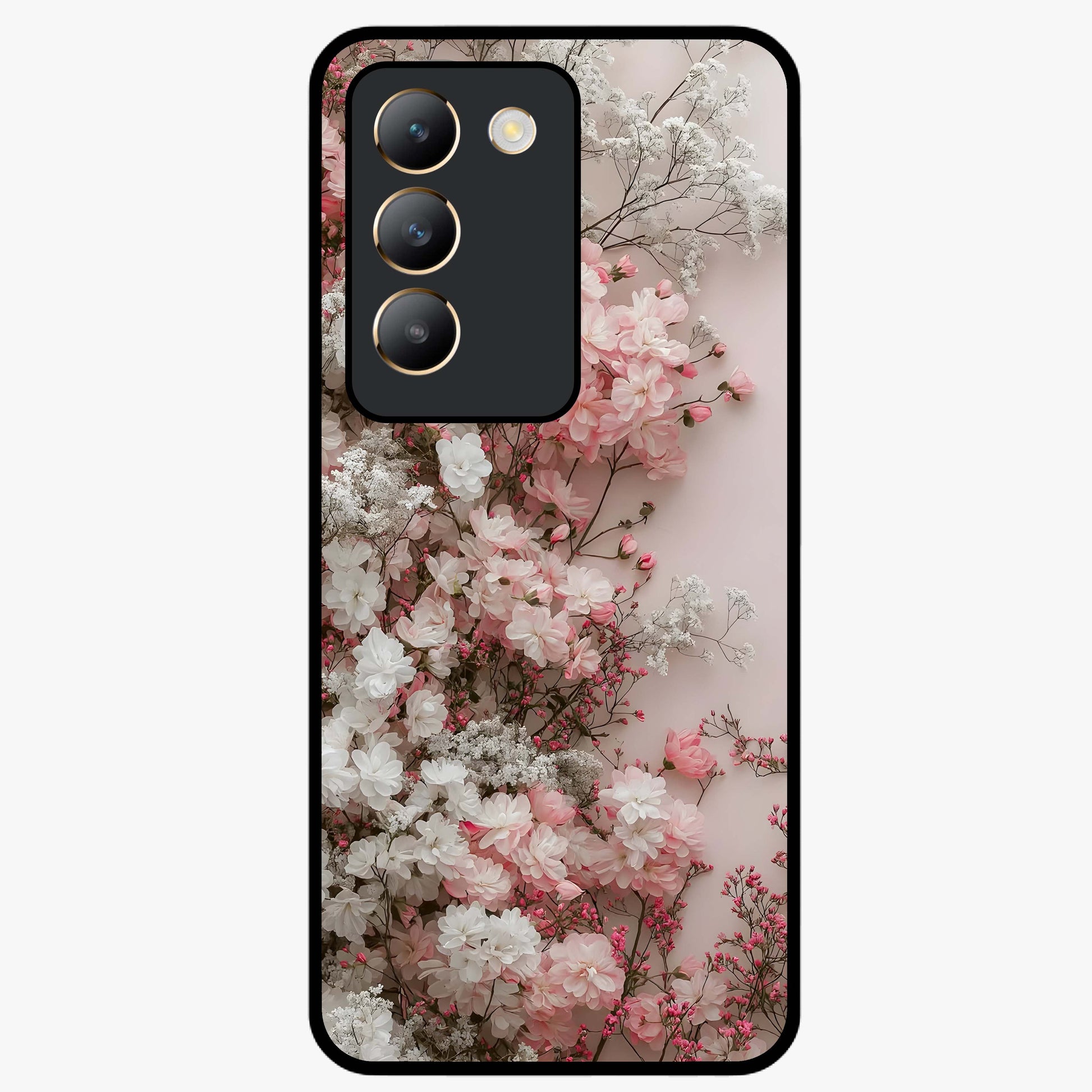 Blush Blossom Cloud Glass Case showing flat back view with dreamy blush cloud blossom artwork and glossy glass finish.