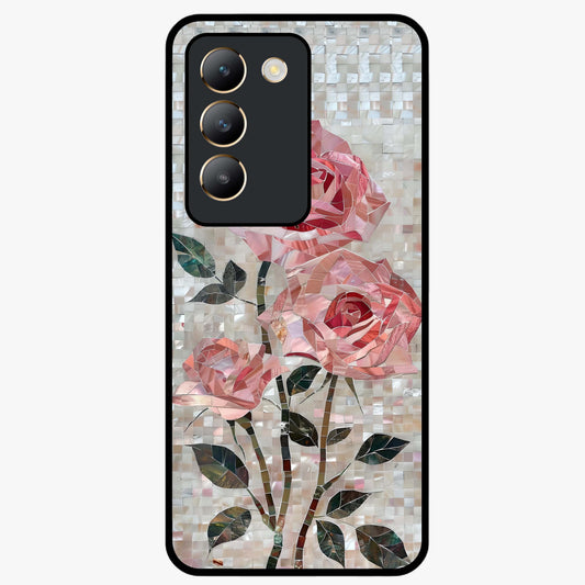 Blush Mosaic Bloom Glass Case showing flat back view with mosaic floral bloom artwork and glossy glass finish.