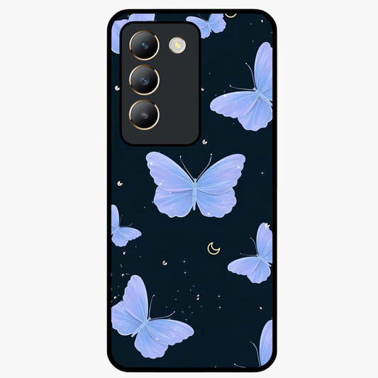 Butterfly With Stars Pattern Glass Case showing flat back view with butterfly and star pattern artwork and glossy glass finish.