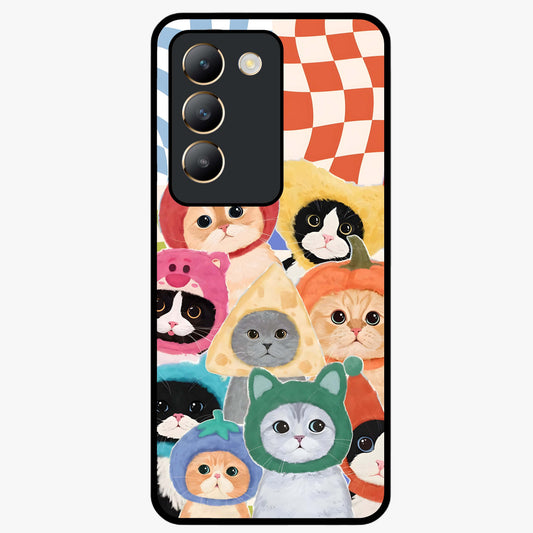 Cats in Fruits Glass Case showing flat back view with playful cat illustrations inside fruit artwork and glossy glass finish.