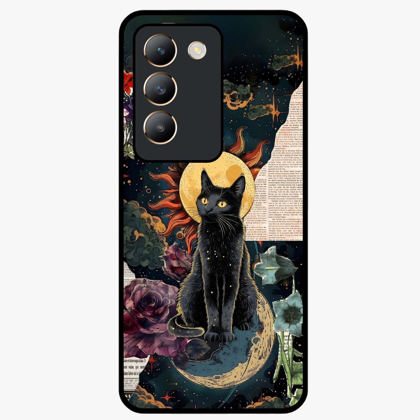 Celestial Black Cat Glass Case showing flat back view with mystical black cat artwork and glossy glass finish.