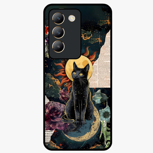 Celestial Black Cat Glass Case showing flat back view with mystical black cat artwork and glossy glass finish.