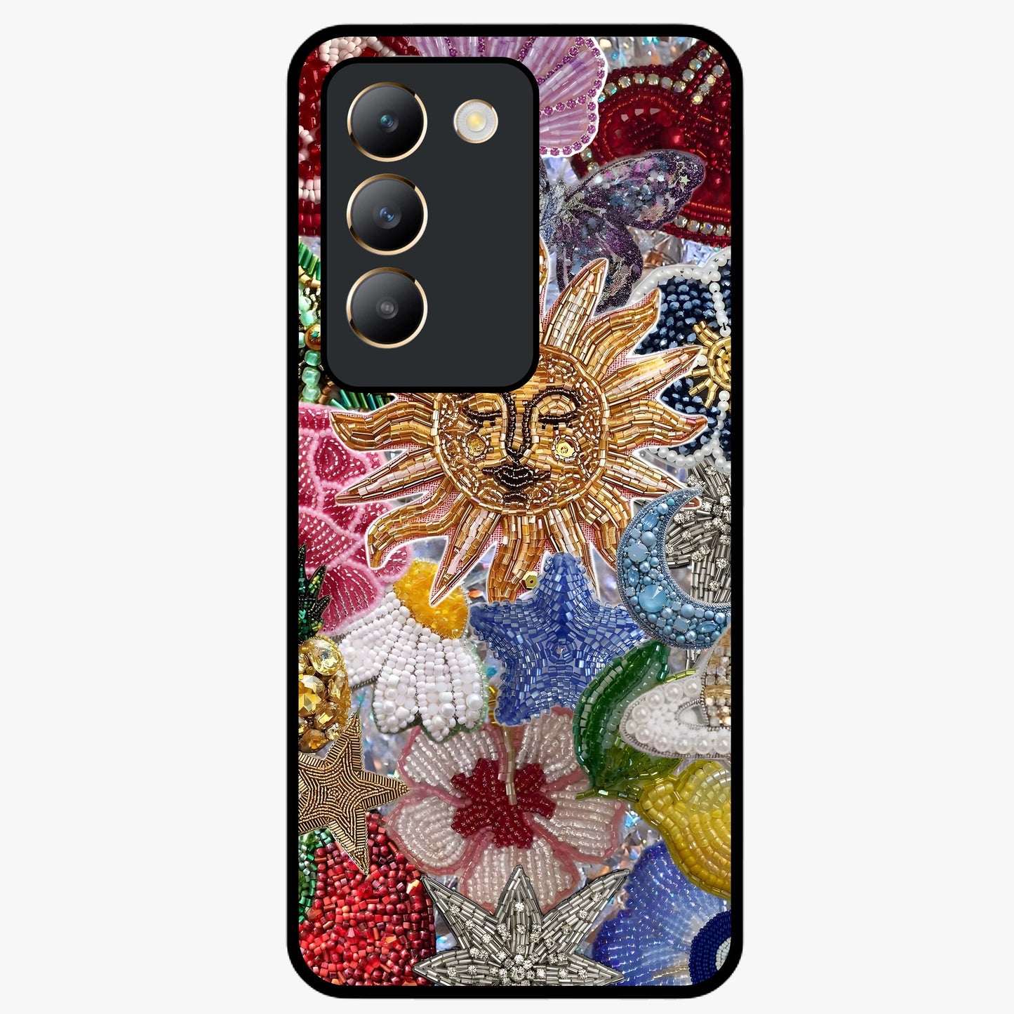Celestial Floral and Playful Glass Case showing flat back view with floral and celestial themed artwork and glossy glass finish.