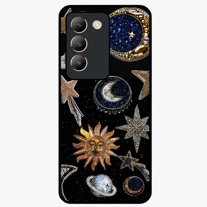 Celestial Gem Constellations Glass Case showing flat back view with sparkling constellation artwork and glossy glass finish.